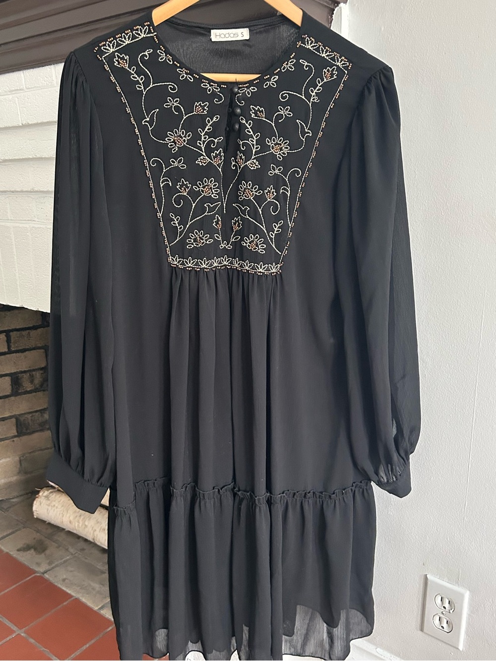 Black Embroidered Long-Sleeve Tiered Midi Dress